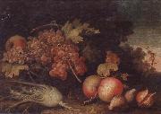 Still lifes of Grapes,figs,apples,pears,pomegranates,black currants and fennel,within a landscape setting unknow artist